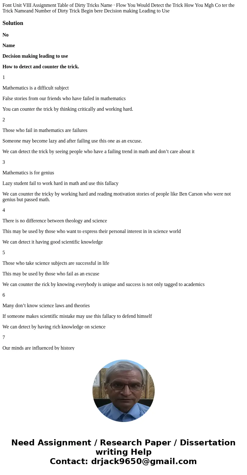  Font Unit VIII Assignment Table of Dirty Tricks Name · Flow You Would Detect the Trick How You Mgh Co ter the Trick Nameand Number of Dirty Trick Begin bere De