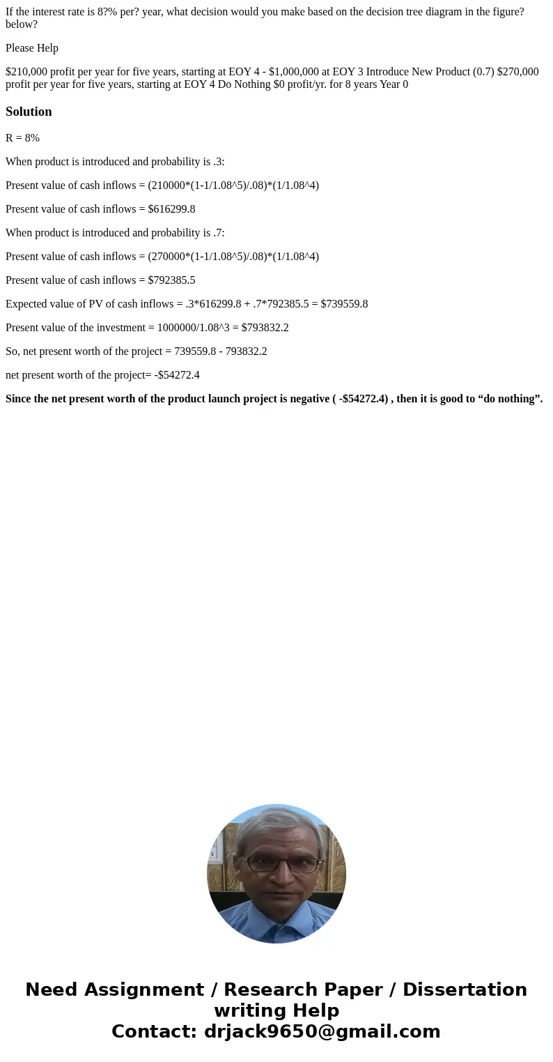 If the interest rate is 8?% per? year, what decision would you make based on the decision tree diagram in the figure? below? Please Help $210,000 profit per yea If the interest rate is 8?% per? year, what decision would you make based on the decision tree diagram in the figure? below? Please Help $210,000 profit per yea