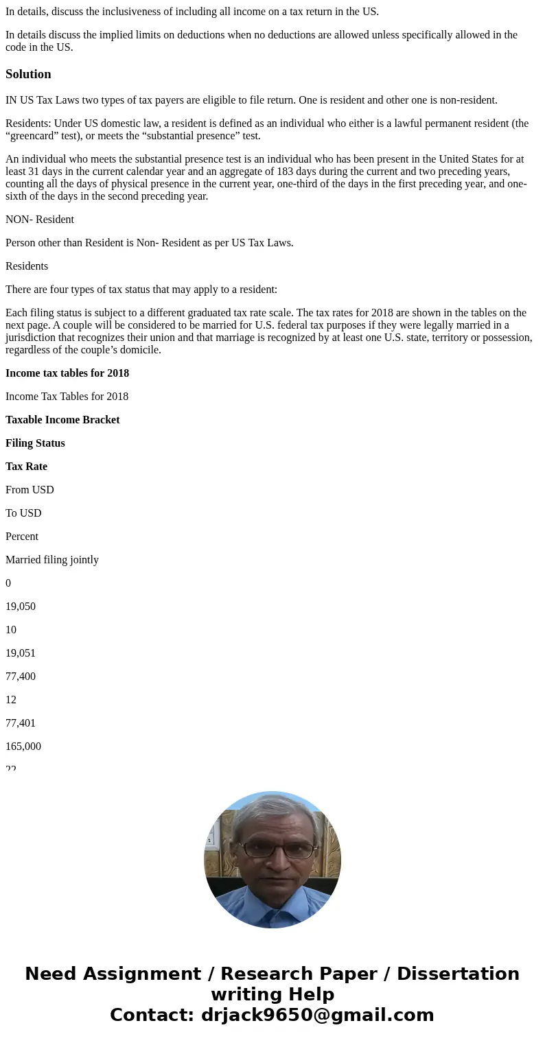 In details, discuss the inclusiveness of including all income on a tax return in the US. In details discuss the implied limits on deductions when no deductions 