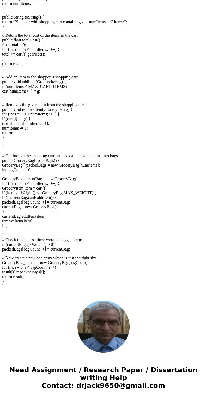 In java please. Grocery item and bag class are given along side shopper test program. The PerishableItem Class Create a subclass of GroceryItem called Perishabl