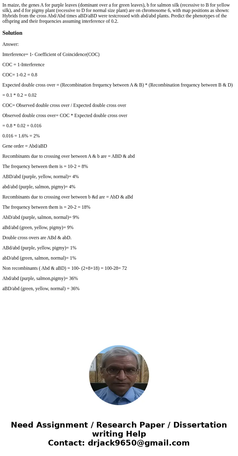 In maize, the genes A for purple leaves (dominant over a for green leaves), b for salmon silk (recessive to B for yellow silk), and d for pigmy plant (recessiv  In maize, the genes A for purple leaves (dominant over a for green leaves), b for salmon silk (recessive to B for yellow silk), and d for pigmy plant (recessiv