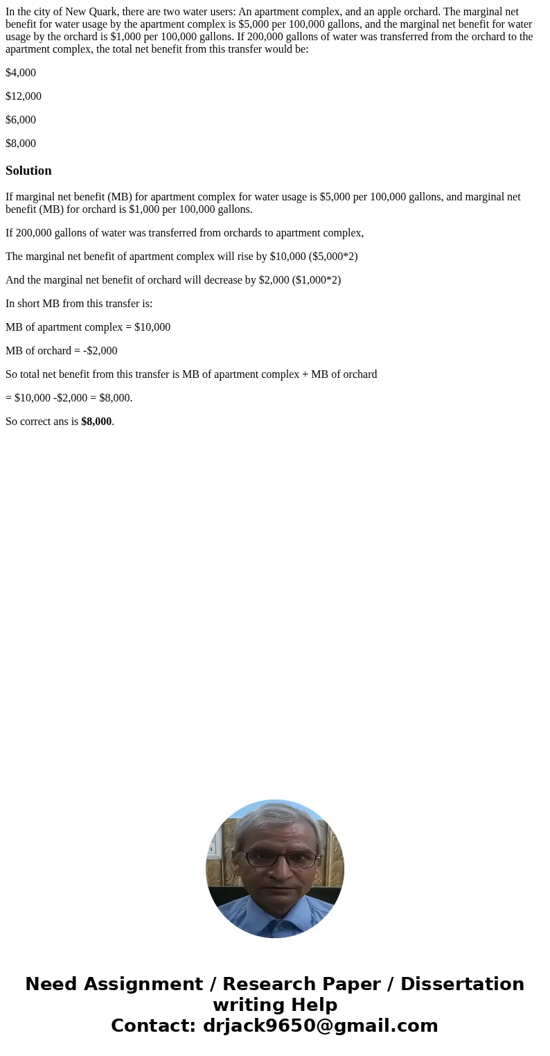 In the city of New Quark, there are two water users: An apartment complex, and an apple orchard. The marginal net benefit for water usage by the apartment compl In the city of New Quark, there are two water users: An apartment complex, and an apple orchard. The marginal net benefit for water usage by the apartment compl
