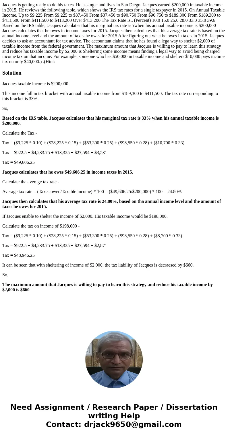 Jacques is getting ready to do his taxes. He is single and lives in San Diego. Jacques earned $200,000 in taxable income in 2015. He reviews the following tabl  Jacques is getting ready to do his taxes. He is single and lives in San Diego. Jacques earned $200,000 in taxable income in 2015. He reviews the following tabl