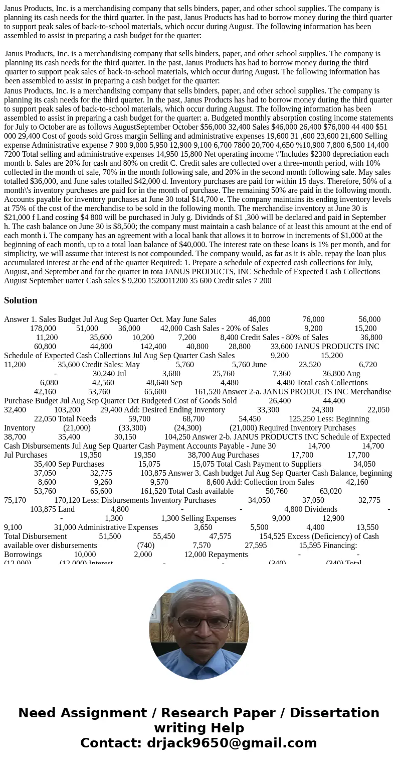 Janus Products, Inc. is a merchandising company that sells binders, paper, and other school supplies. The company is planning its cash needs for the third quart Janus Products, Inc. is a merchandising company that sells binders, paper, and other school supplies. The company is planning its cash needs for the third quart