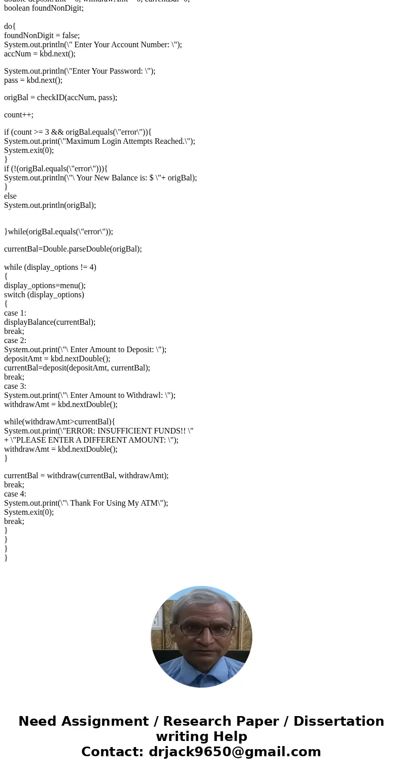 Java Use the Account class created in Programming Exercise 9.7 to simulate an ATM machine. Create ten accounts in an array with id 0., 1, .....9, and initial ba