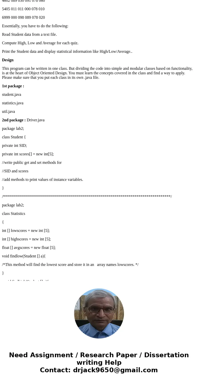 [JAVA] Write a program to perform statistical analysis of scores for a class of students.The class may have up to 40 students.There are five quizzes during the 