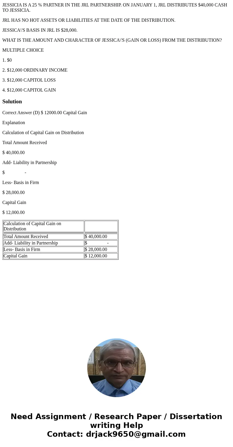 JESSICIA IS A 25 % PARTNER IN THE JRL PARTNERSHIP. ON JANUARY 1, JRL DISTRIBUTES $40,000 CASH TO JESSICIA. JRL HAS NO HOT ASSETS OR LIABILITIES AT THE DATE OF T