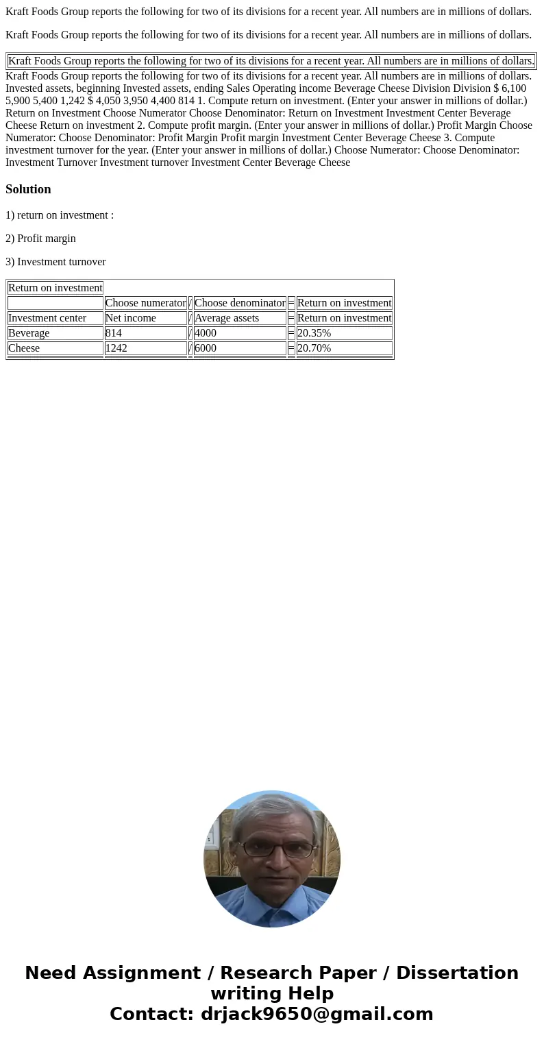 Kraft Foods Group reports the following for two of its divisions for a recent year. All numbers are in millions of dollars. Kraft Foods Group reports the follow