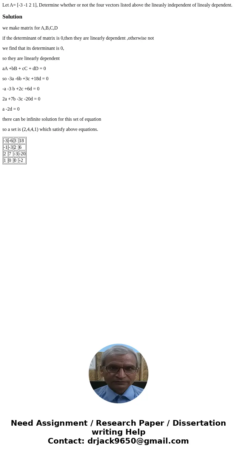  Let A= [-3 -1 2 1], Determine whether or not the four vectors listed above the lineasly independent of linealy dependent. Solutionwe make matrix for A,B,C,D if