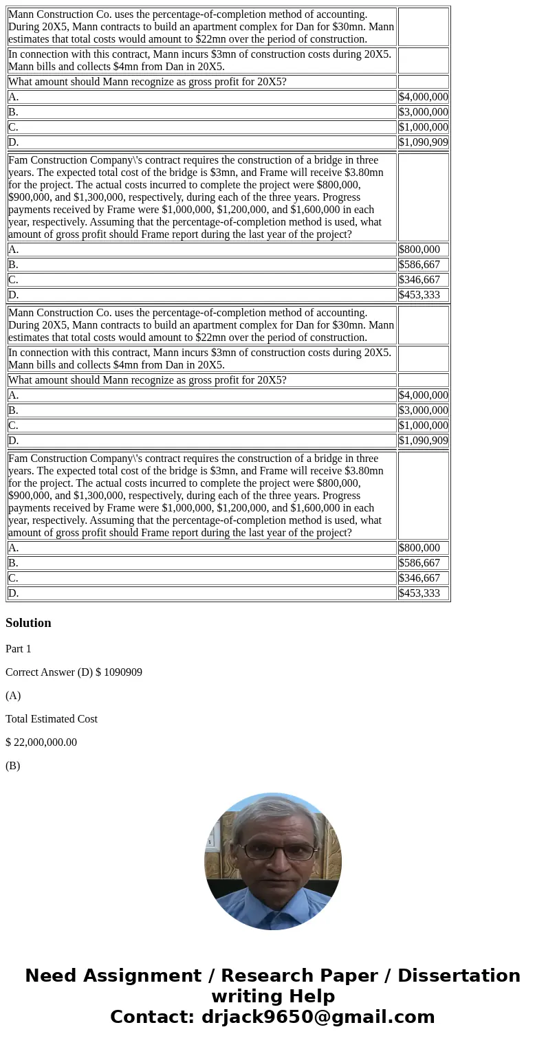  Mann Construction Co. uses the percentage-of-completion method of accounting. During 20X5, Mann contracts to build an apartment complex for Dan for $30mn. Mann