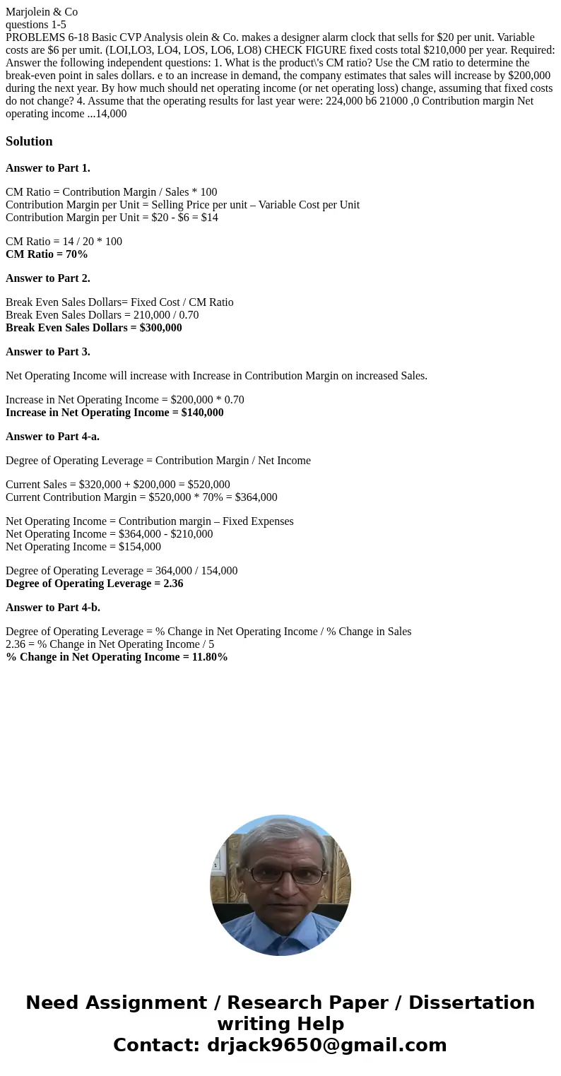 Marjolein & Co questions 1-5 PROBLEMS 6-18 Basic CVP Analysis olein & Co. makes a designer alarm clock that sells for $20 per unit. Variable costs are $