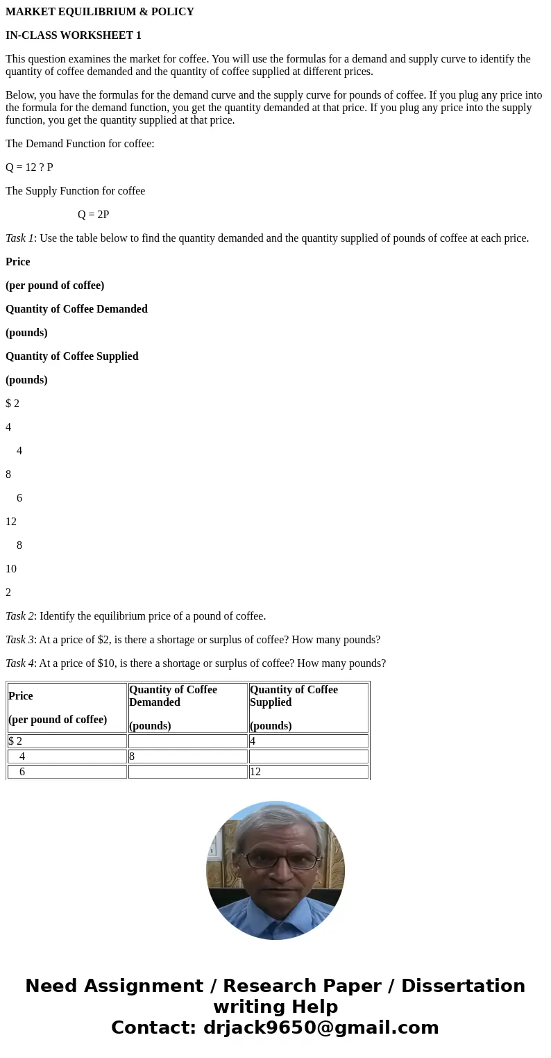 MARKET EQUILIBRIUM & POLICY IN-CLASS WORKSHEET 1 This question examines the market for coffee. You will use the formulas for a demand and supply curve to id MARKET EQUILIBRIUM & POLICY IN-CLASS WORKSHEET 1 This question examines the market for coffee. You will use the formulas for a demand and supply curve to id