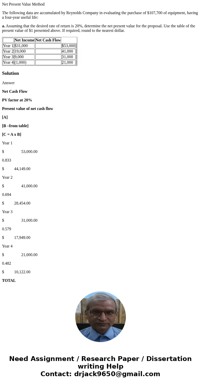 Net Present Value Method The following data are accumulated by Reynolds Company in evaluating the purchase of $107,700 of equipment, having a four-year useful l