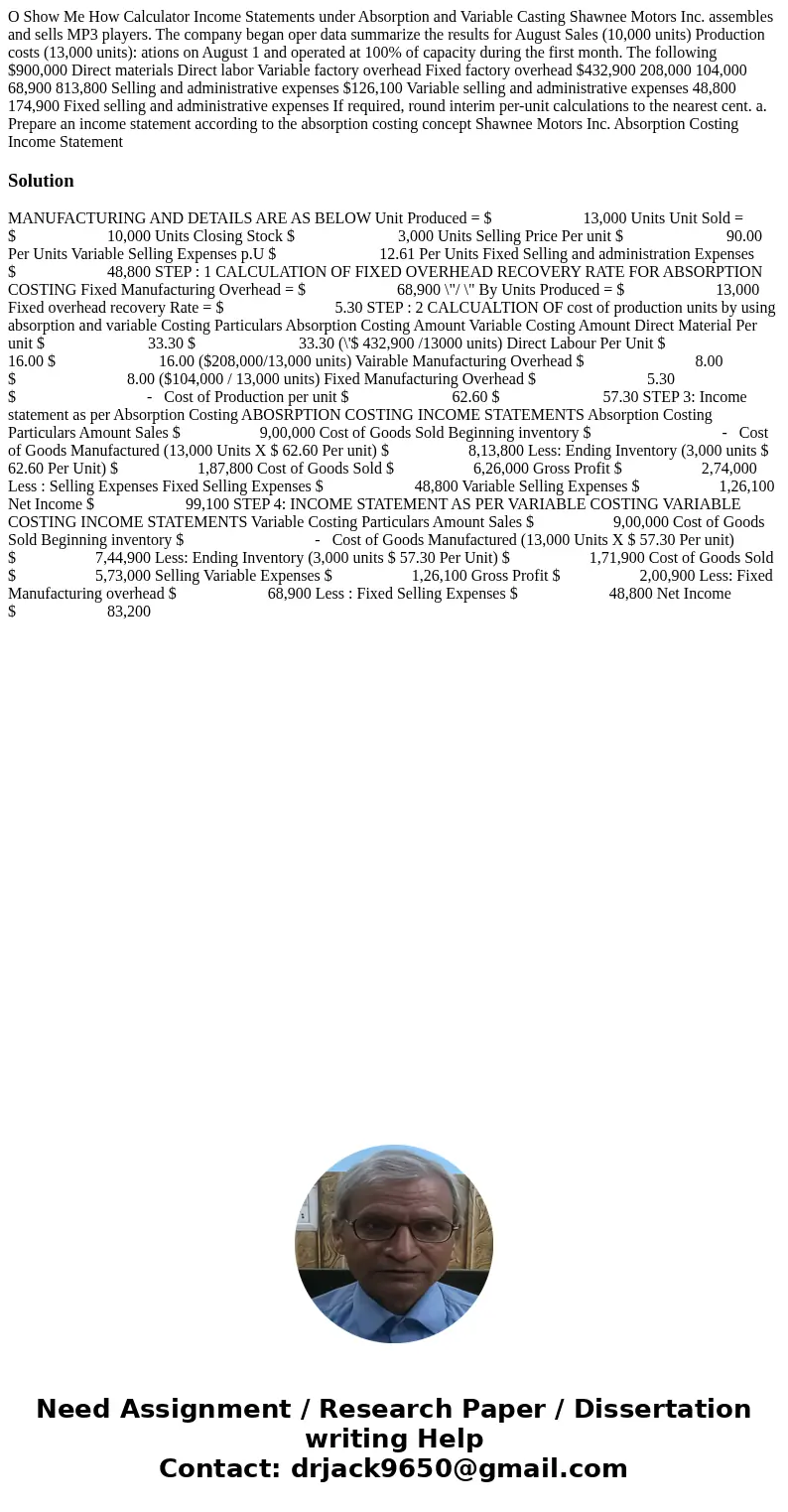 O Show Me How Calculator Income Statements under Absorption and Variable Casting Shawnee Motors Inc. assembles and sells MP3 players. The company began oper da  O Show Me How Calculator Income Statements under Absorption and Variable Casting Shawnee Motors Inc. assembles and sells MP3 players. The company began oper da