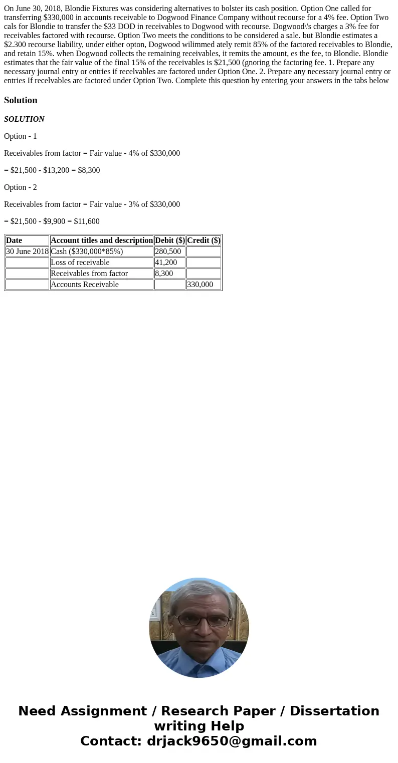 On June 30, 2018, Blondie Fixtures was considering alternatives to bolster its cash position. Option One called for transferring $330,000 in accounts receivabl  On June 30, 2018, Blondie Fixtures was considering alternatives to bolster its cash position. Option One called for transferring $330,000 in accounts receivabl