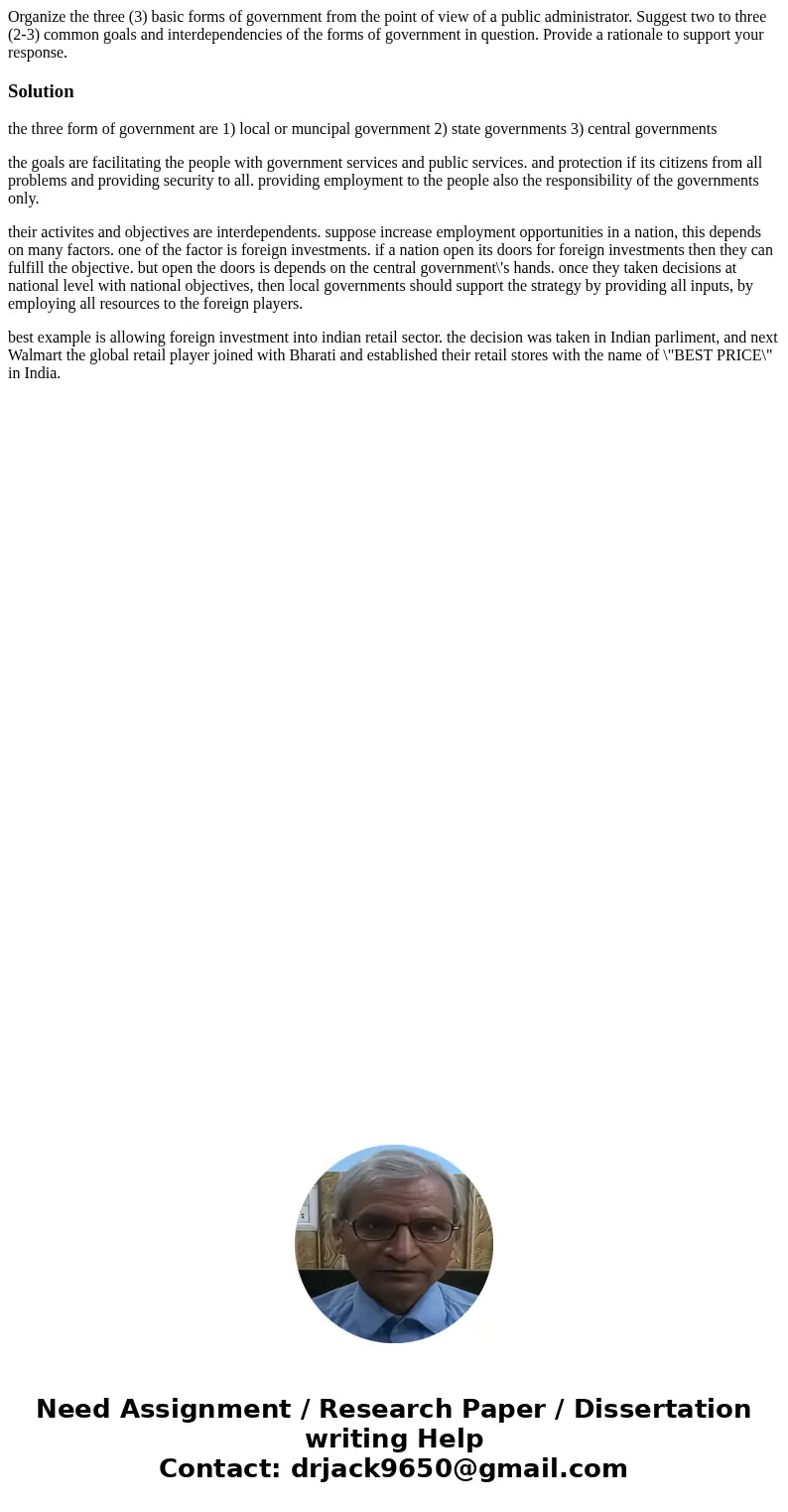 Organize the three (3) basic forms of government from the point of view of a public administrator. Suggest two to three (2-3) common goals and interdependencies Organize the three (3) basic forms of government from the point of view of a public administrator. Suggest two to three (2-3) common goals and interdependencies