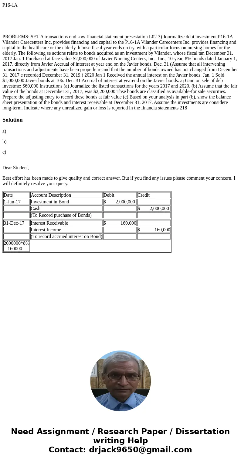 P16-1A PROBLEMS: SET A transactions ond sow financial statement presestation L02.3) Jourmalize debi investment P16-1A Vilander Carecenters Inc, provides financi