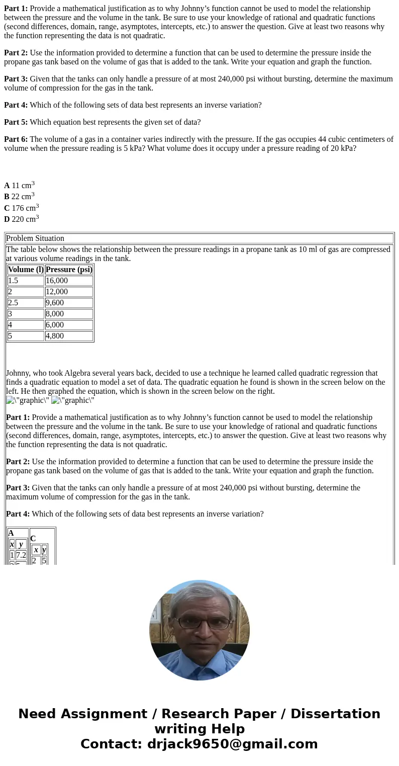 Part 1: Provide a mathematical justification as to why Johnny’s function cannot be used to model the relationship between the pressure and the volume in the tan