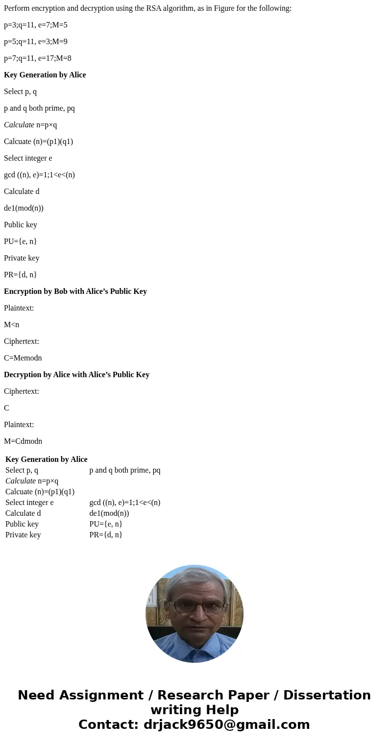 Perform encryption and decryption using the RSA algorithm, as in Figure for the following: p=3;q=11, e=7;M=5 p=5;q=11, e=3;M=9 p=7;q=11, e=17;M=8 Key Generation