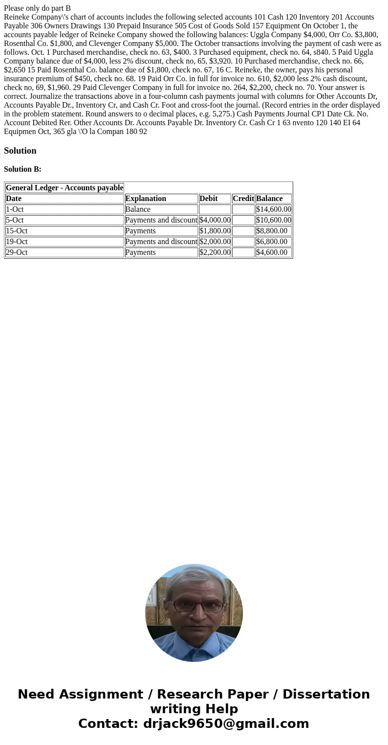 Please only do part B Reineke Company\'s chart of accounts includes the following selected accounts 101 Cash 120 Inventory 201 Accounts Payable 306 Owners Drawi