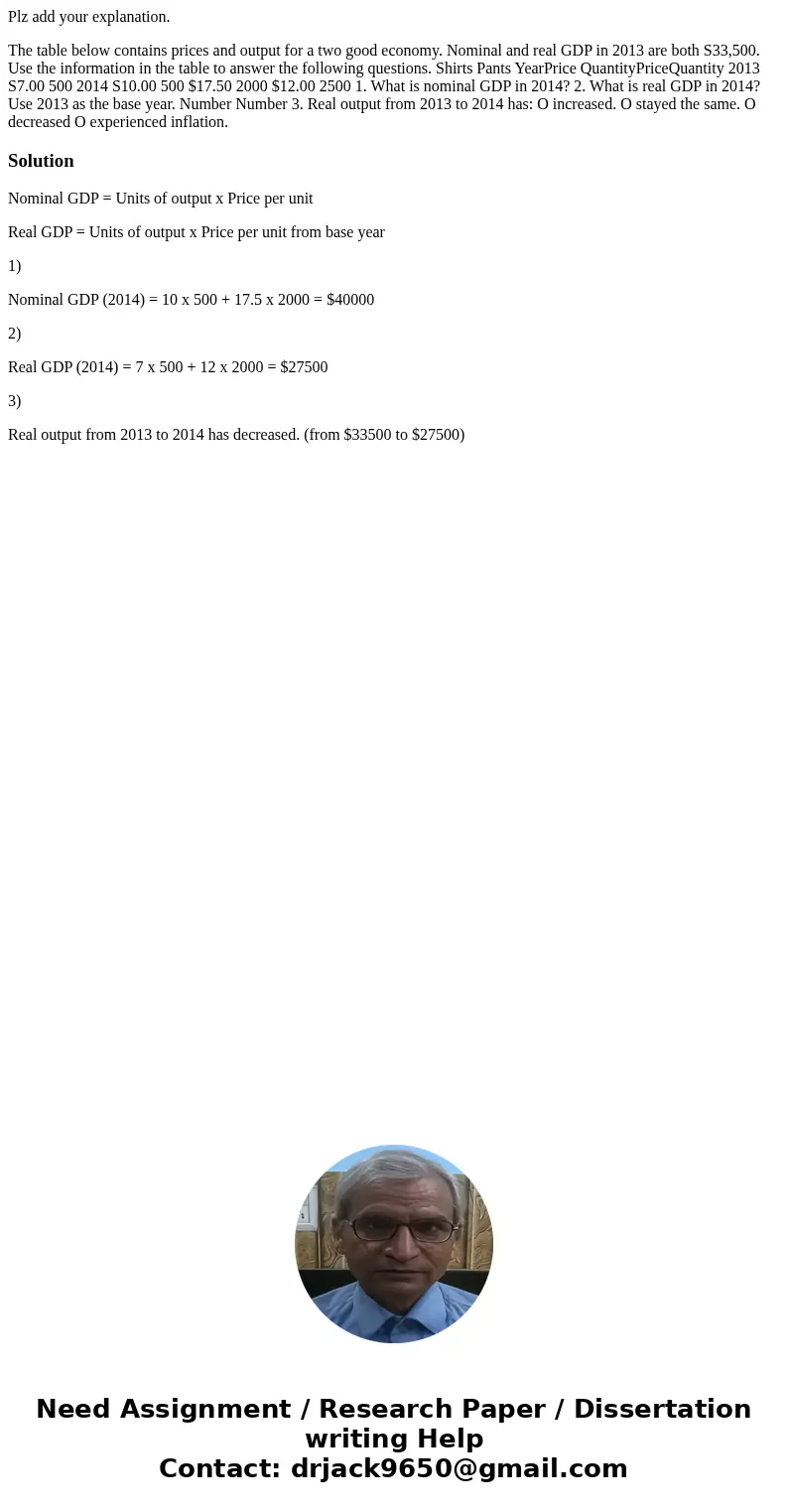 Plz add your explanation. The table below contains prices and output for a two good economy. Nominal and real GDP in 2013 are both S33,500. Use the information  Plz add your explanation. The table below contains prices and output for a two good economy. Nominal and real GDP in 2013 are both S33,500. Use the information