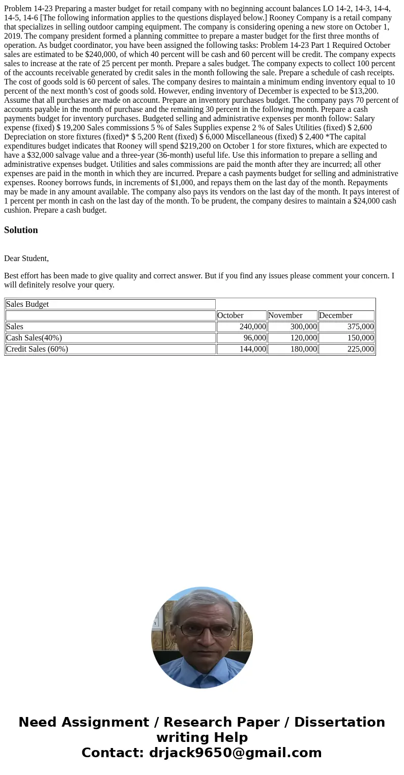 Problem 14-23 Preparing a master budget for retail company with no beginning account balances LO 14-2, 14-3, 14-4, 14-5, 14-6 [The following information applies