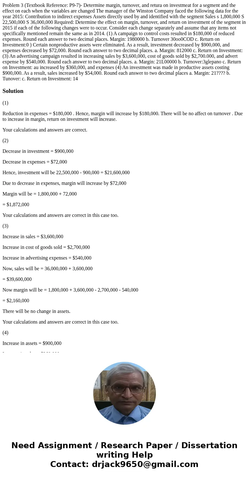  Problem 3 (Textbook Reference: P9-7)- Determine margin, turnover, and retura on investmeat for a segment and the effect on each when the variables are changed 