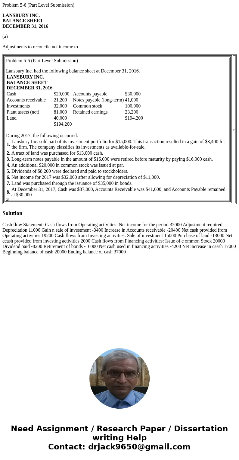 Problem 5-6 (Part Level Submission) LANSBURY INC. BALANCE SHEET DECEMBER 31, 2016 (a) Adjustments to reconcile net income to Problem 5-6 (Part Level Submission)