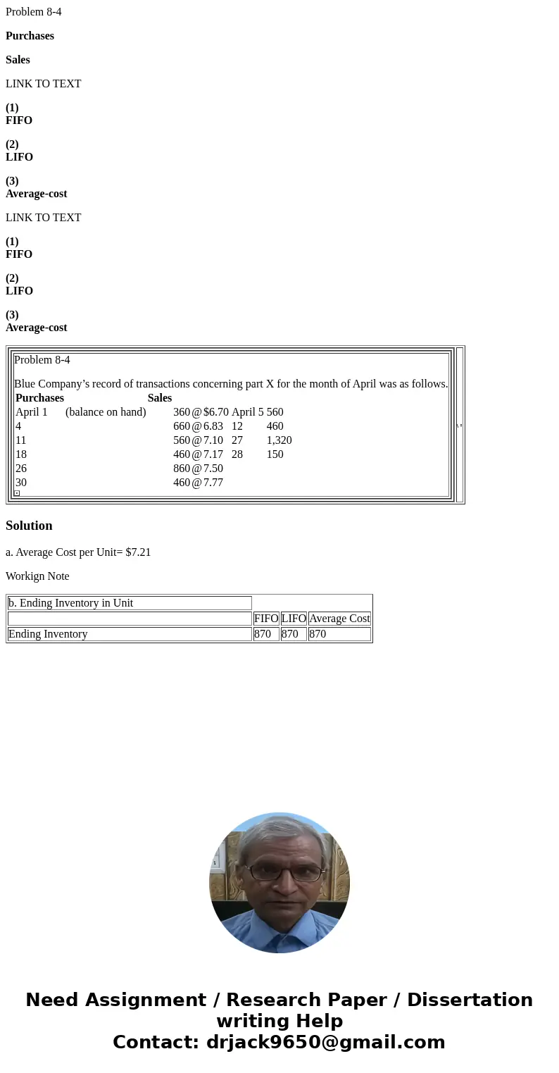 Problem 8-4 Purchases Sales LINK TO TEXT (1) FIFO (2) LIFO (3) Average-cost LINK TO TEXT (1) FIFO (2) LIFO (3) Average-cost Problem 8-4 Blue Company’s record of