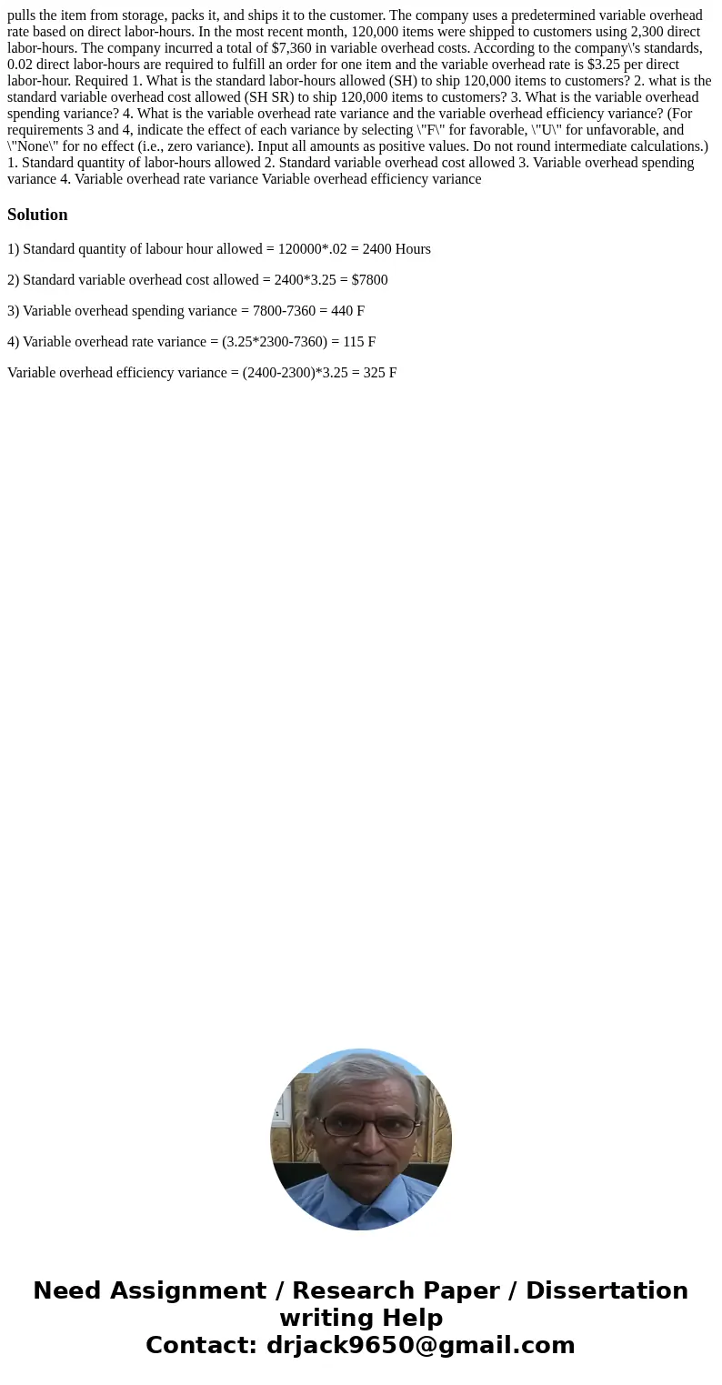pulls the item from storage, packs it, and ships it to the customer. The company uses a predetermined variable overhead rate based on direct labor-hours. In th  pulls the item from storage, packs it, and ships it to the customer. The company uses a predetermined variable overhead rate based on direct labor-hours. In th