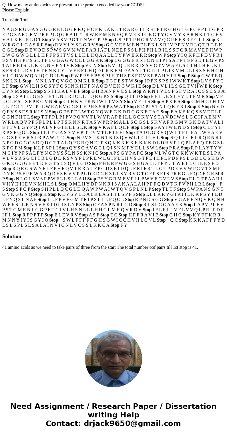 Q. How many amino acids are present in the protein encoded by your CCDS? Please Explain.. Translate Tool. N A G S R G G A S G G G R E L G G R R Q H C F K L A K  Q. How many amino acids are present in the protein encoded by your CCDS? Please Explain.. Translate Tool. N A G S R G G A S G G G R E L G G R R Q H C F K L A K