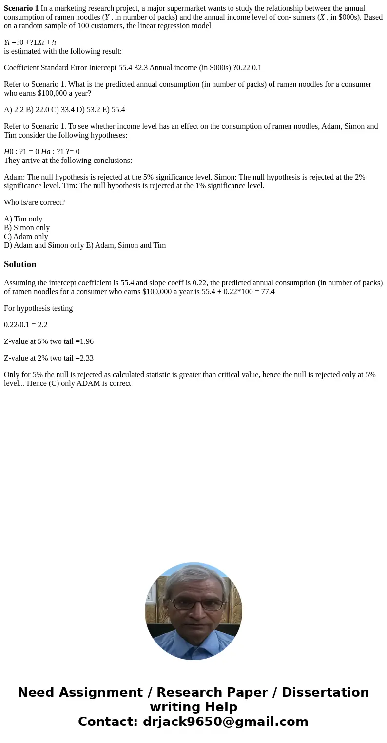 Scenario 1 In a marketing research project, a major supermarket wants to study the relationship between the annual consumption of ramen noodles (Y , in number o