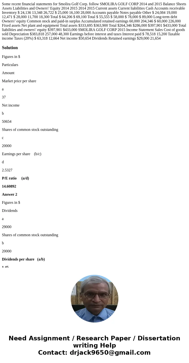  Some recent financial statements for Smolira Golf Corp. follow SMOLIRA GOLF CORP 2014 and 2015 Balance Sheets Assets Liabilities and Owners\' Equity 2014 2015 