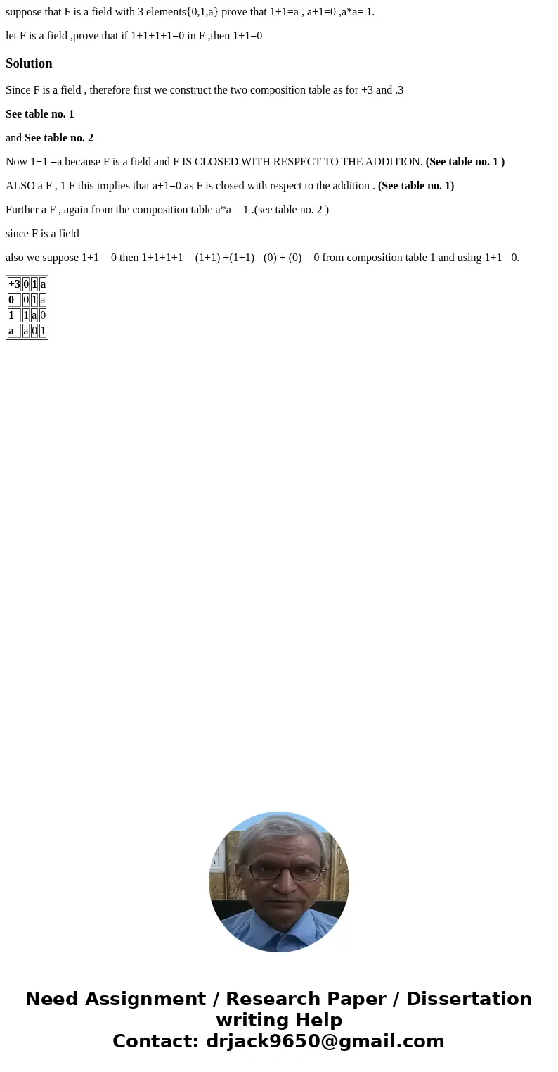 suppose that F is a field with 3 elements{0,1,a} prove that 1+1=a , a+1=0 ,a*a= 1. let F is a field ,prove that if 1+1+1+1=0 in F ,then 1+1=0SolutionSince F is  suppose that F is a field with 3 elements{0,1,a} prove that 1+1=a , a+1=0 ,a*a= 1. let F is a field ,prove that if 1+1+1+1=0 in F ,then 1+1=0SolutionSince F is