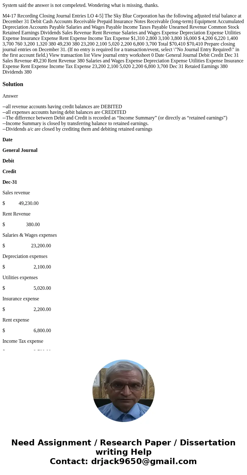 System said the answer is not compeleted. Wondering what is missing, thanks. M4-17 Recording Closing Journal Entries LO 4-5] The Sky Blue Corporation has the fo