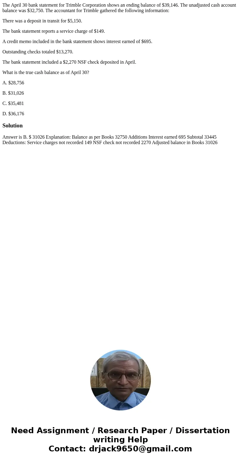 The April 30 bank statement for Trimble Corporation shows an ending balance of $39,146. The unadjusted cash account balance was $32,750. The accountant for Trim The April 30 bank statement for Trimble Corporation shows an ending balance of $39,146. The unadjusted cash account balance was $32,750. The accountant for Trim