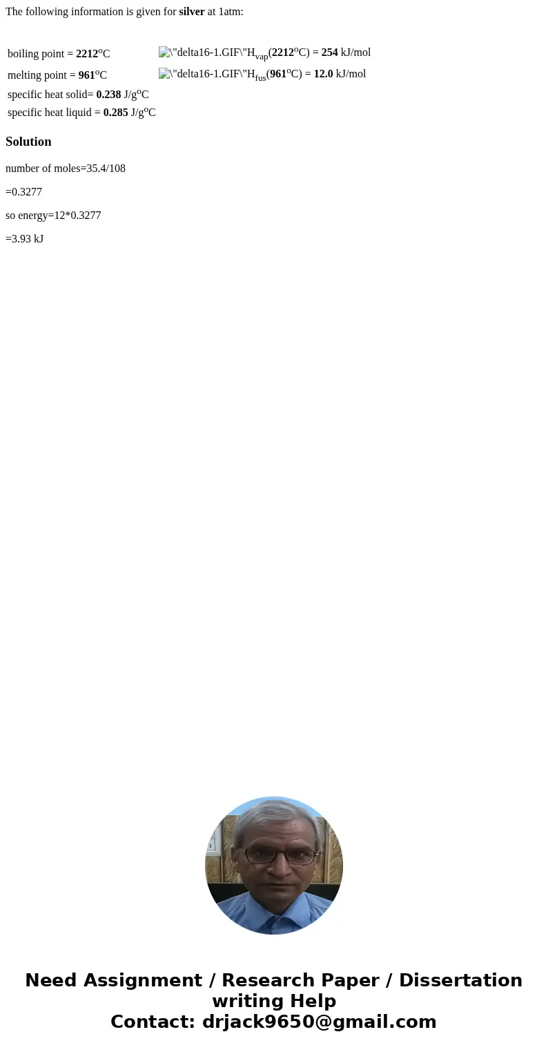 The following information is given for silver at 1atm: boiling point = 2212oC Hvap(2212oC) = 254 kJ/mol melting point = 961oC Hfus(961oC) = 12.0 kJ/mol specific The following information is given for silver at 1atm: boiling point = 2212oC Hvap(2212oC) = 254 kJ/mol melting point = 961oC Hfus(961oC) = 12.0 kJ/mol specific