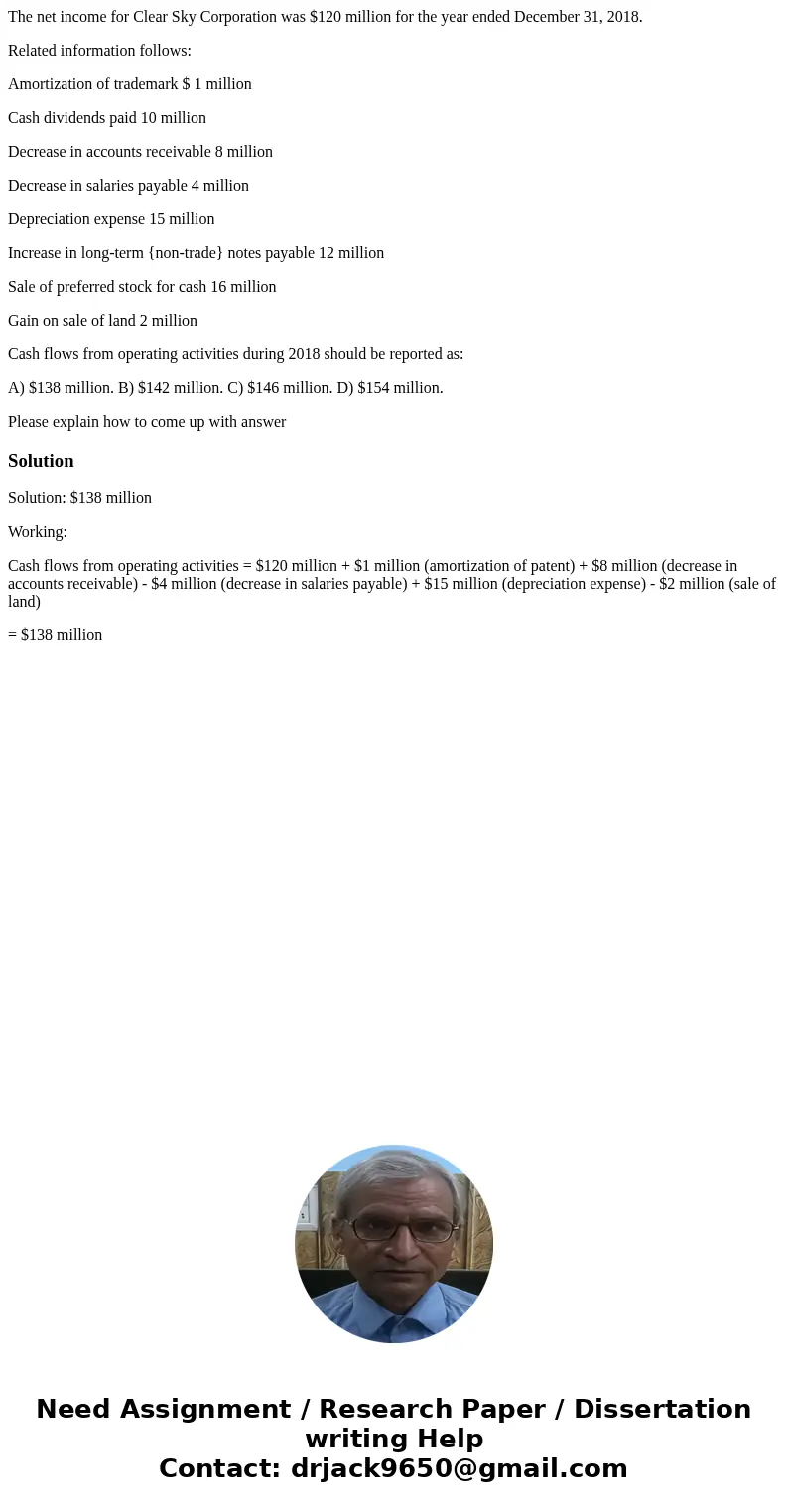 The net income for Clear Sky Corporation was $120 million for the year ended December 31, 2018. Related information follows: Amortization of trademark $ 1 milli The net income for Clear Sky Corporation was $120 million for the year ended December 31, 2018. Related information follows: Amortization of trademark $ 1 milli