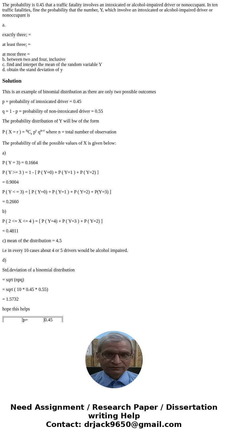 The probability is 0.45 that a traffic fatality involves an intoxicated or alcohol-impaired driver or nonoccupant. In ten traffic fatalities, fine the probabili