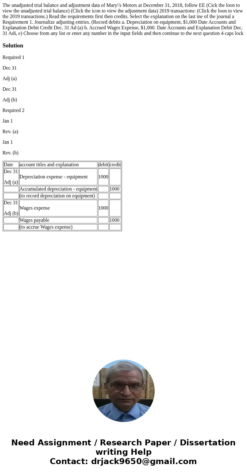 The unadjusted trial balance and adjustment data of Mary\'s Motors at December 31, 2018, follow EE (Cick the loon to view the unadjusted trial balance) (Click   The unadjusted trial balance and adjustment data of Mary\'s Motors at December 31, 2018, follow EE (Cick the loon to view the unadjusted trial balance) (Click
