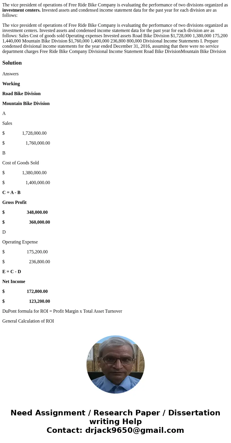 The vice president of operations of Free Ride Bike Company is evaluating the performance of two divisions organized as investment centers. Invested assets and c The vice president of operations of Free Ride Bike Company is evaluating the performance of two divisions organized as investment centers. Invested assets and c
