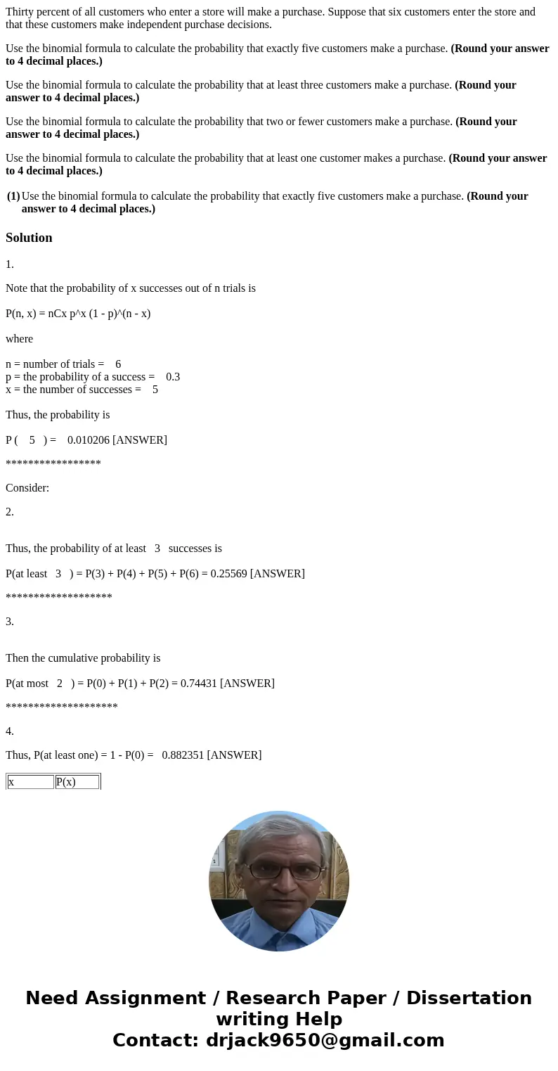 Thirty percent of all customers who enter a store will make a purchase. Suppose that six customers enter the store and that these customers make independent pur Thirty percent of all customers who enter a store will make a purchase. Suppose that six customers enter the store and that these customers make independent pur