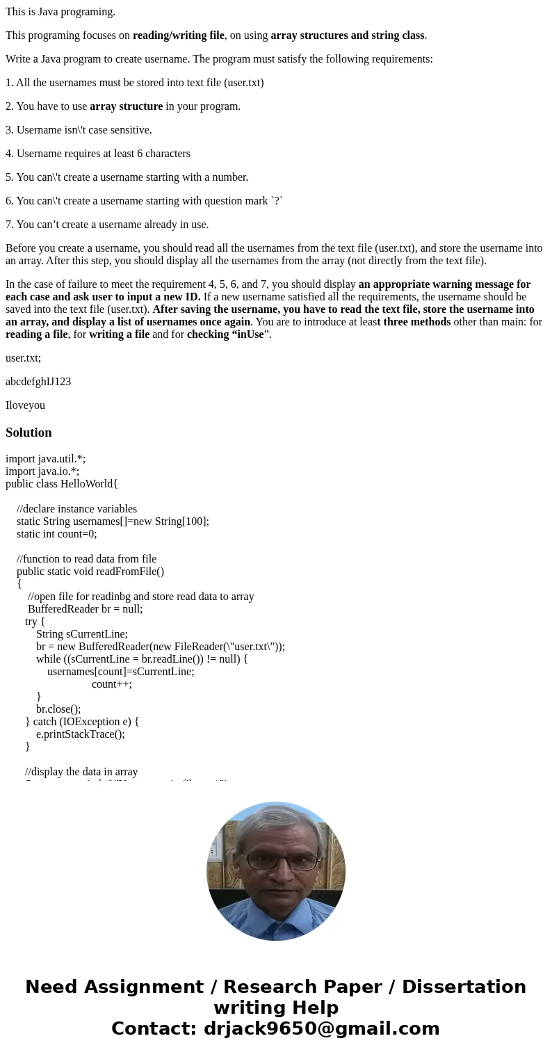 This is Java programing. This programing focuses on reading/writing file, on using array structures and string class. Write a Java program to create username. T This is Java programing. This programing focuses on reading/writing file, on using array structures and string class. Write a Java program to create username. T
