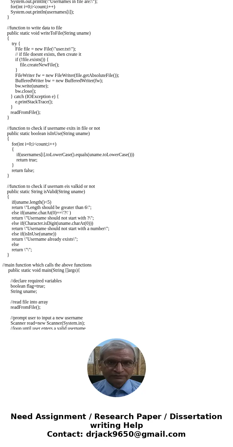 This is Java programing. This programing focuses on reading/writing file, on using array structures and string class. Write a Java program to create username. T This is Java programing. This programing focuses on reading/writing file, on using array structures and string class. Write a Java program to create username. T