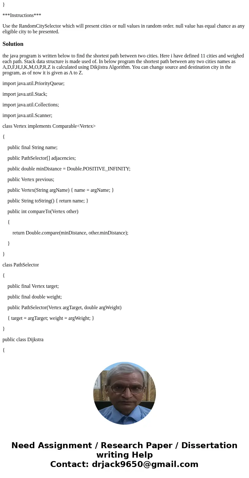 This lab is about finding a path from some source city to a destination city. Cities are represented by the City enum in the provided jar file. CitySelector is 
