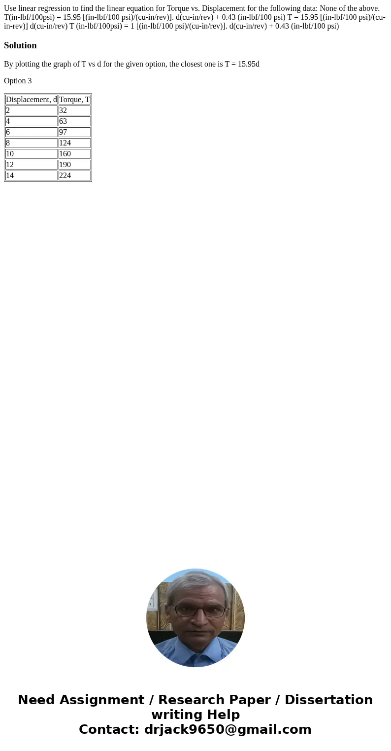  Use linear regression to find the linear equation for Torque vs. Displacement for the following data: None of the above. T(in-lbf/100psi) = 15.95 [(in-lbf/100 