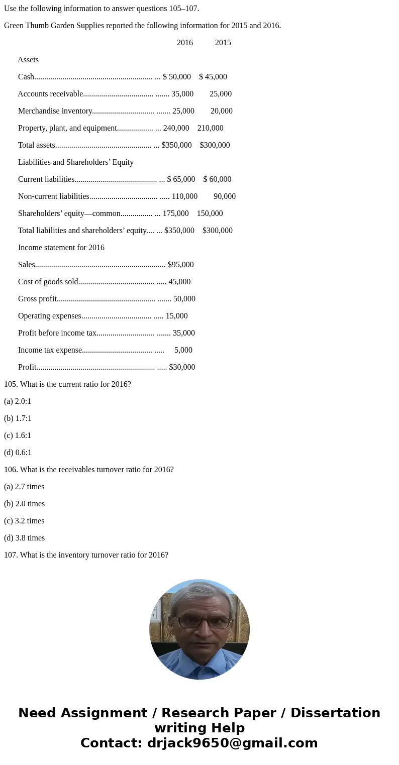Use the following information to answer questions 105–107. Green Thumb Garden Supplies reported the following information for 2015 and 2016. 2016 2015 Assets Ca