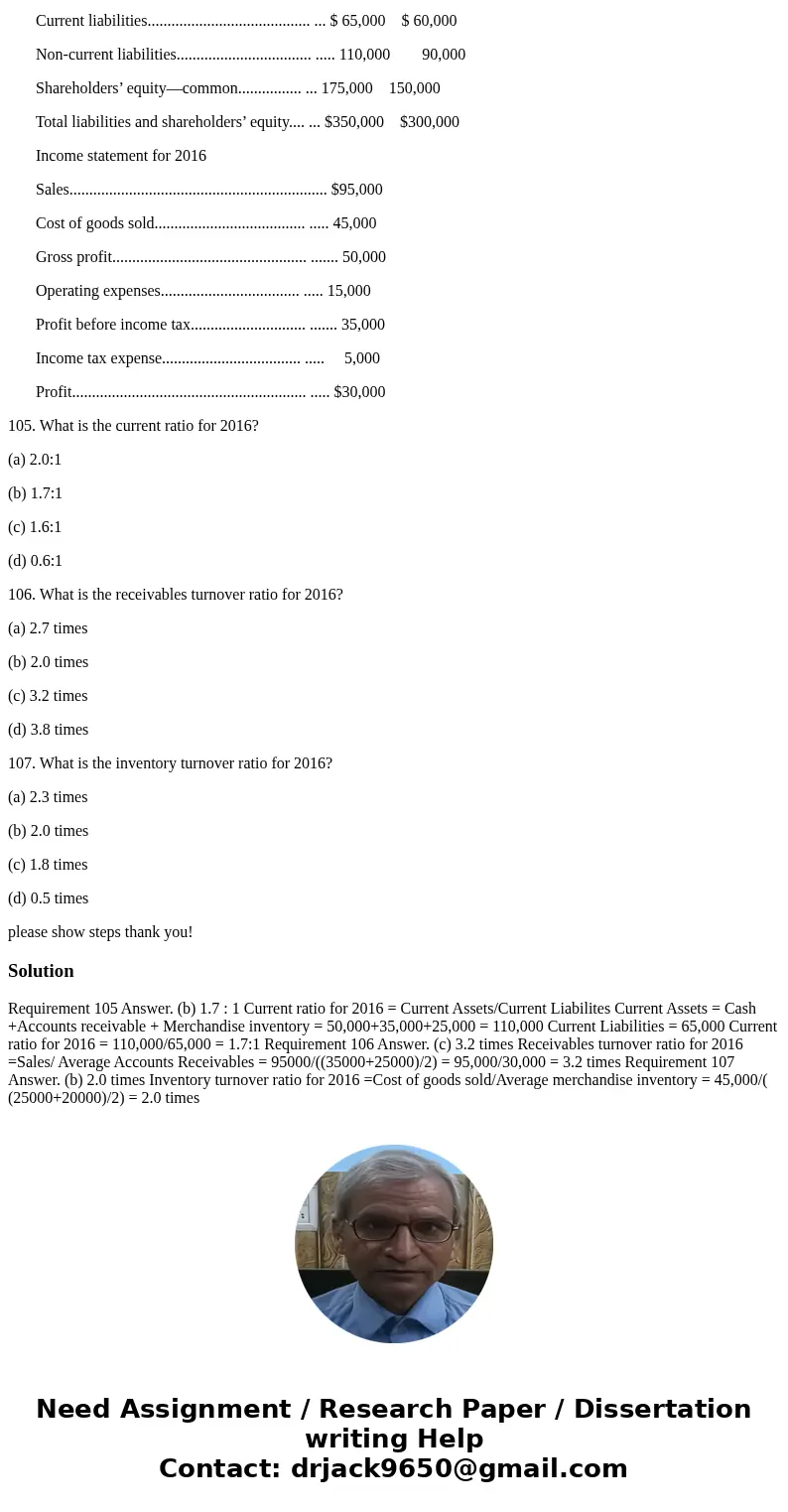Use the following information to answer questions 105–107. Green Thumb Garden Supplies reported the following information for 2015 and 2016. 2016 2015 Assets Ca