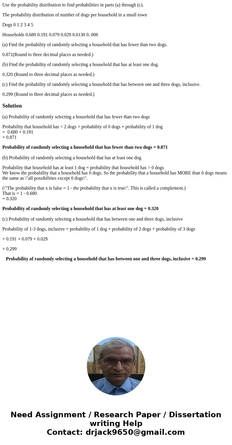 Use the probability distribution to find probabilities in parts (a) through (c). The probability distribution of number of dogs per household in a small town Do Use the probability distribution to find probabilities in parts (a) through (c). The probability distribution of number of dogs per household in a small town Do