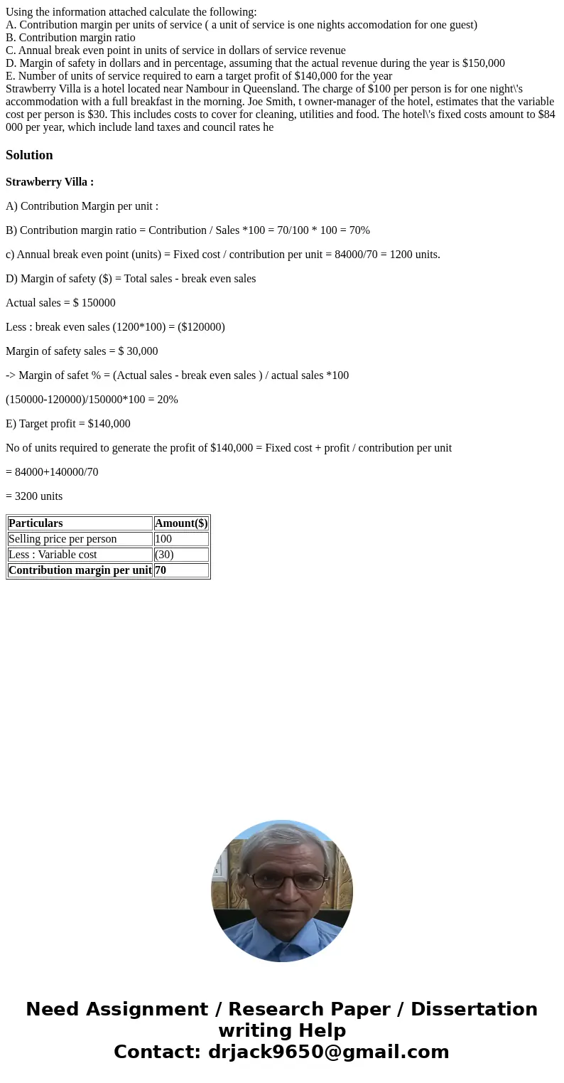 Using the information attached calculate the following: A. Contribution margin per units of service ( a unit of service is one nights accomodation for one guest